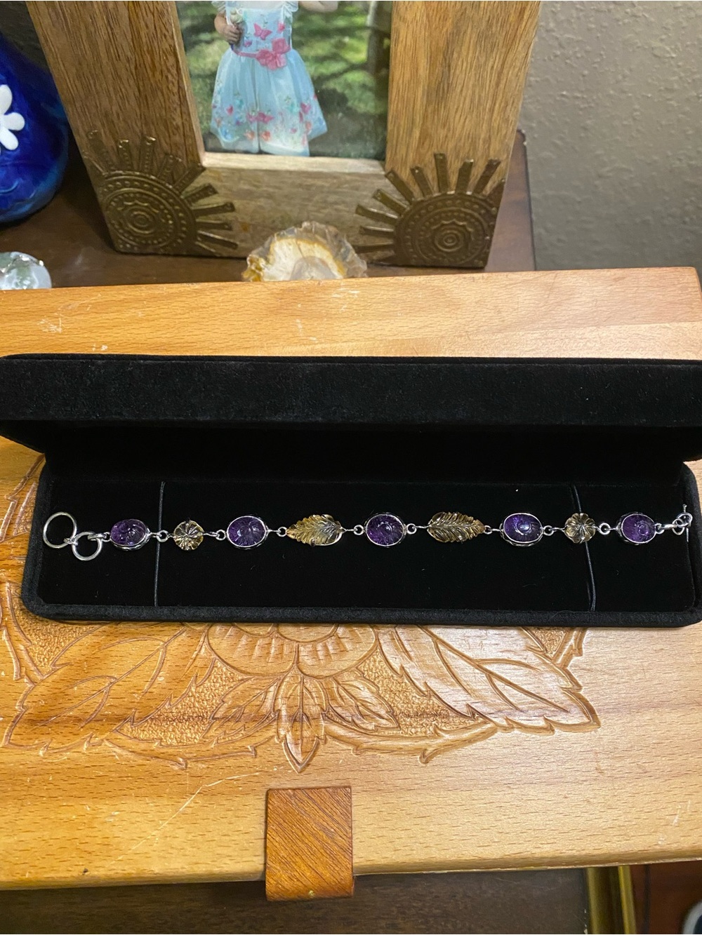 Sterling silver carved Purple and Gold gemstone Link Bracelet